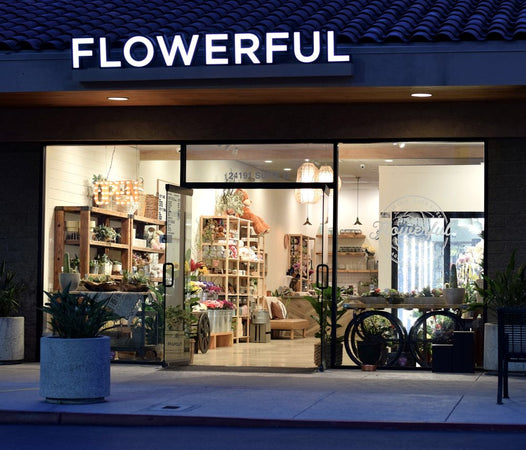 Flowerful flower shop exterior at night in Laguna Woods, Orange County with illuminated storefront